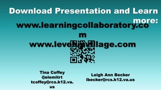 www.learningcollaboratory.co
m
www.levelupvillage.com
Download Presentation and Learn
more:
Tina Coffey
@elemitrt
tcoffey@rcs.k12.va.
us
Leigh Ann Becker
lbecker@rcs.k12.va.us
 