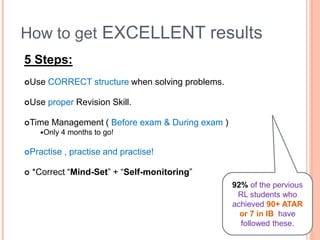 How to get EXCELLENT results
5 Steps:
Use CORRECT structure when solving problems.
Use proper Revision Skill.
Time Management ( Before exam & During exam )
Only 4 months to go!
Practise , practise and practise!
 *Correct “Mind-Set” + “Self-monitoring”
92% of the pervious
RL students who
achieved 90+ ATAR
or 7 in IB have
followed these.
 