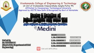 TEAM
MEMBERS: 4VP19CV005
1. Mr. CHETHAN
G
Design & Detailing of
Indoor Stadium with using BIM
Under guidelines of Medini Technology, Bangalore
2. Mr. LIKHITH
P.B
3. Ms. MADHUSHREE A4VP19CV011
4. Ms. SURAKSHA
ed y
partment of Civil
En
g
g)
in
ineer
De
e
th
f
o
d
(Hea
Dr. ANANDA V
R
b
Gui
d
4VP19CV030
4VP19CV010
 