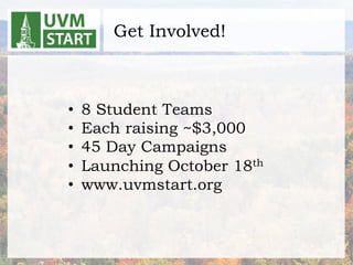 Get Involved!



•    8 Student Teams
•    Each raising ~$3,000
•    45 Day Campaigns
•    Launching October 18th
•    www.uvmstart.org
 