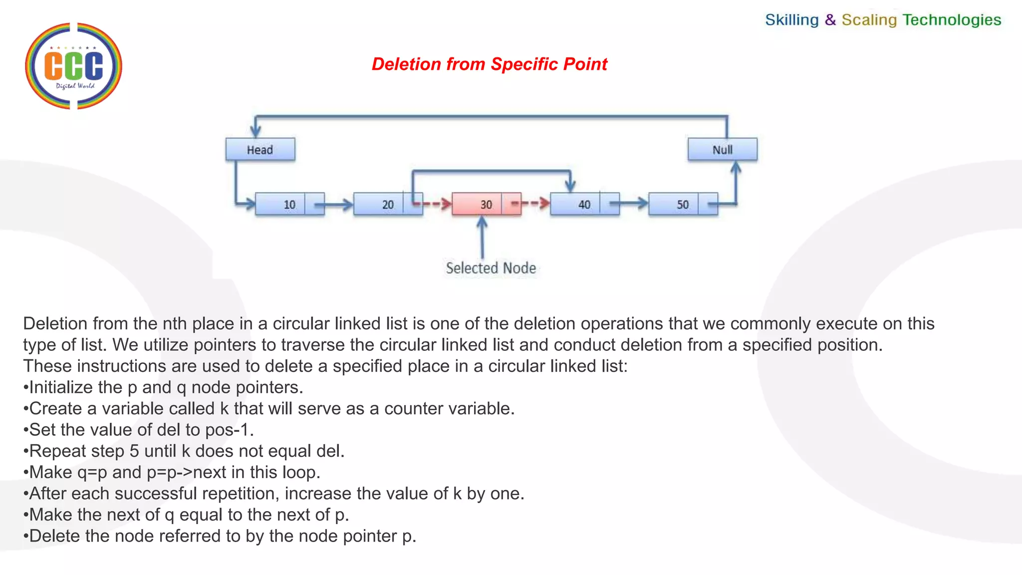 Deletion from Specific Point
Deletion from the nth place in a circular linked list is one of the deletion operations that we commonly execute on this
type of list. We utilize pointers to traverse the circular linked list and conduct deletion from a specified position.
These instructions are used to delete a specified place in a circular linked list:
•Initialize the p and q node pointers.
•Create a variable called k that will serve as a counter variable.
•Set the value of del to pos-1.
•Repeat step 5 until k does not equal del.
•Make q=p and p=p->next in this loop.
•After each successful repetition, increase the value of k by one.
•Make the next of q equal to the next of p.
•Delete the node referred to by the node pointer p.
 