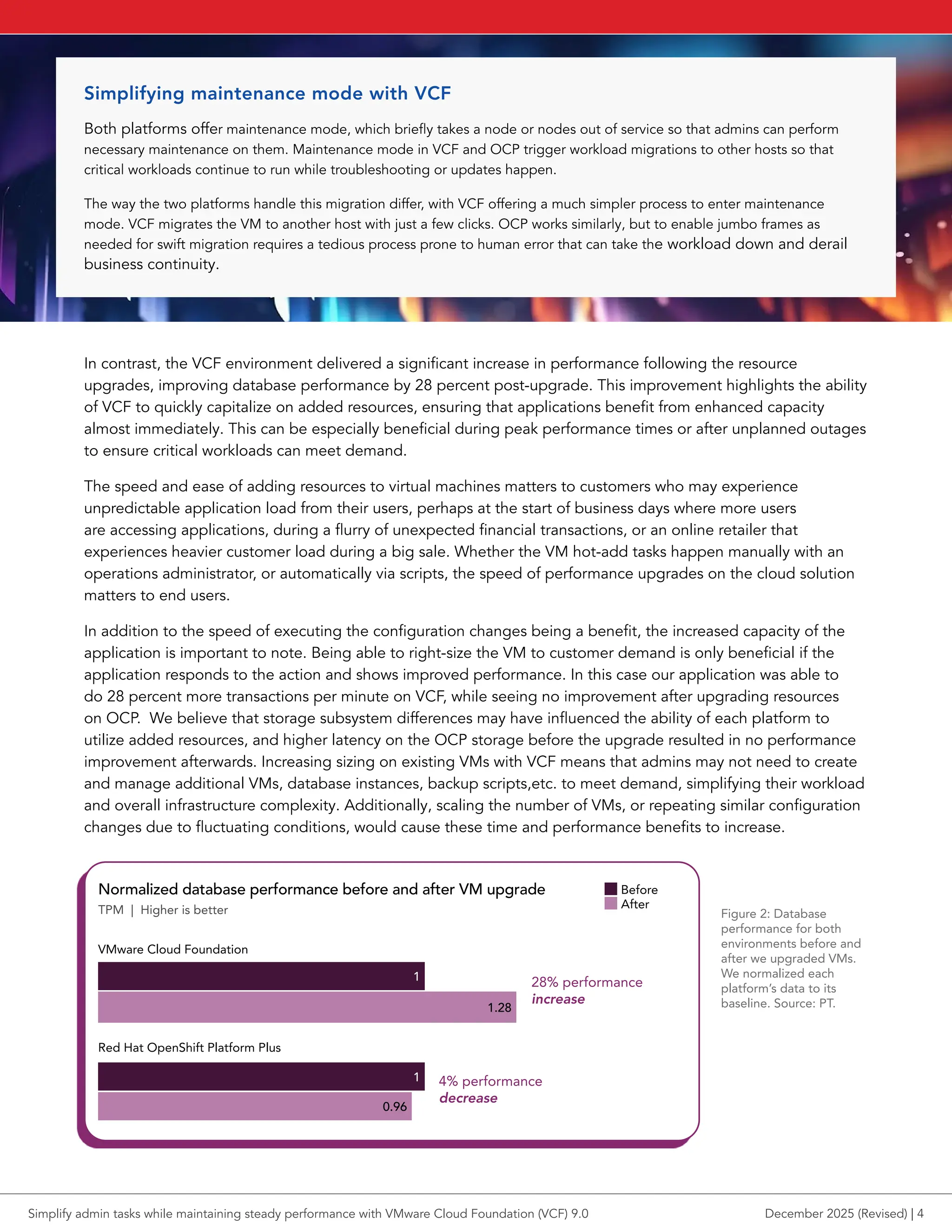 In contrast, the VCF environment delivered a significant increase in performance following the resource
upgrades, improving database performance by 28 percent post-upgrade. This improvement highlights the ability
of VCF to quickly capitalize on added resources, ensuring that applications benefit from enhanced capacity
almost immediately. This can be especially beneficial during peak performance times or after unplanned outages
to ensure critical workloads can meet demand.
The speed and ease of adding resources to virtual machines matters to customers who may experience
unpredictable application load from their users, perhaps at the start of business days where more users
are accessing applications, during a flurry of unexpected financial transactions, or an online retailer that
experiences heavier customer load during a big sale. Whether the VM hot-add tasks happen manually with an
operations administrator, or automatically via scripts, the speed of performance upgrades on the cloud solution
matters to end users.
In addition to the speed of executing the configuration changes being a benefit, the increased capacity of the
application is important to note. Being able to right-size the VM to customer demand is only beneficial if the
application responds to the action and shows improved performance. In this case our application was able to
do 28 percent more transactions per minute on VCF, while seeing no improvement after upgrading resources
on OCP. We believe that storage subsystem differences may have influenced the ability of each platform to
utilize added resources, and higher latency on the OCP storage before the upgrade resulted in no performance
improvement afterwards. Increasing sizing on existing VMs with VCF means that admins may not need to create
and manage additional VMs, database instances, backup scripts,etc. to meet demand, simplifying their workload
and overall infrastructure complexity. Additionally, scaling the number of VMs, or repeating similar configuration
changes due to fluctuating conditions, would cause these time and performance benefits to increase.
Normalized database performance before and after VM upgrade
TPM | Higher is better
1
1
1.28
0.96
Before
After
VMware Cloud Foundation
Red Hat OpenShift Platform Plus
28% performance
increase
4% performance
decrease
Figure 2: Database
performance for both
environments before and
after we upgraded VMs.
We normalized each
platform’s data to its
baseline. Source: PT.
Simplifying maintenance mode with VCF
Both platforms offer maintenance mode, which briefly takes a node or nodes out of service so that admins can perform
necessary maintenance on them. Maintenance mode in VCF and OCP trigger workload migrations to other hosts so that
critical workloads continue to run while troubleshooting or updates happen.
The way the two platforms handle this migration differ, with VCF offering a much simpler process to enter maintenance
mode. VCF migrates the VM to another host with just a few clicks. OCP works similarly, but to enable jumbo frames as
needed for swift migration requires a tedious process prone to human error that can take the workload down and derail
business continuity.
Simplify admin tasks while maintaining steady performance with VMware Cloud Foundation (VCF) 9.0 December 2025 (Revised) | 4
 