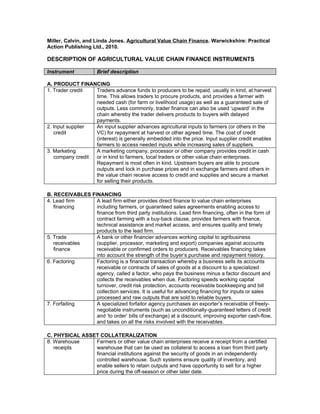 Miller, Calvin, and Linda Jones. Agricultural Value Chain Finance. Warwickshire: Practical
Action Publishing Ltd., 2010.

DESCRIPTION OF AGRICULTURAL VALUE CHAIN FINANCE INSTRUMENTS

Instrument           Brief description

A. PRODUCT FINANCING
1. Trader credit  Traders advance funds to producers to be repaid, usually in kind, at harvest
                  time. This allows traders to procure products, and provides a farmer with
                  needed cash (for farm or livelihood usage) as well as a guaranteed sale of
                  outputs. Less commonly, trader finance can also be used ‘upward’ in the
                  chain whereby the trader delivers products to buyers with delayed
                  payments.
2. Input supplier An input supplier advances agricultural inputs to farmers (or others in the
   credit         VC) for repayment at harvest or other agreed time. The cost of credit
                  (interest) is generally embedded into the price. Input supplier credit enables
                  farmers to access needed inputs while increasing sales of suppliers.
3. Marketing      A marketing company, processor or other company provides credit in cash
   company credit or in kind to farmers, local traders or other value chain enterprises.
                  Repayment is most often in kind. Upstream buyers are able to procure
                  outputs and lock in purchase prices and in exchange farmers and others in
                  the value chain receive access to credit and supplies and secure a market
                  for selling their products.

B. RECEIVABLES FINANCING
4. Lead firm     A lead firm either provides direct finance to value chain enterprises
   financing     including farmers, or guaranteed sales agreements enabling access to
                 finance from third party institutions. Lead firm financing, often in the form of
                 contract farming with a buy-back clause, provides farmers with finance,
                 technical assistance and market access, and ensures quality and timely
                 products to the lead firm.
5. Trade         A bank or other financier advances working capital to agribusiness
   receivables   (supplier, processor, marketing and export) companies against accounts
   finance       receivable or confirmed orders to producers. Receivables financing takes
                 into account the strength of the buyer’s purchase and repayment history.
6. Factoring     Factoring is a financial transaction whereby a business sells its accounts
                 receivable or contracts of sales of goods at a discount to a specialized
                 agency, called a factor, who pays the business minus a factor discount and
                 collects the receivables when due. Factoring speeds working capital
                 turnover, credit risk protection, accounts receivable bookkeeping and bill
                 collection services. It is useful for advancing financing for inputs or sales
                 processed and raw outputs that are sold to reliable buyers.
7. Forfaiting    A specialized forfaitor agency purchases an exporter’s receivable of freely-
                 negotiable instruments (such as unconditionally-guaranteed letters of credit
                 and ‘to order’ bills of exchange) at a discount, improving exporter cash-flow,
                 and takes on all the risks involved with the receivables.

C. PHYSICAL ASSET COLLATERALIZATION
8. Warehouse    Farmers or other value chain enterprises receive a receipt from a certified
   receipts     warehouse that can be used as collateral to access a loan from third party
                financial institutions against the security of goods in an independently
                controlled warehouse. Such systems ensure quality of inventory, and
                enable sellers to retain outputs and have opportunity to sell for a higher
                price during the off-season or other later date.
 