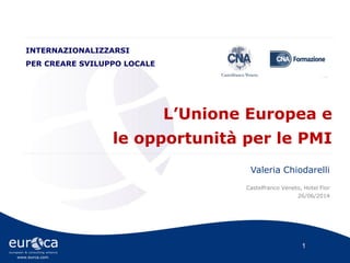 www.eurca.com
1
Valeria Chiodarelli
Castelfranco Veneto, Hotel Fior
26/06/2014
L’Unione Europea e
le opportunità per le PMI
INTERNAZIONALIZZARSI
PER CREARE SVILUPPO LOCALE
 