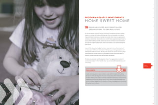 41
PROGRAM RELATED INVESTMENTS	
HOME SWEET HOME
PROGRAM RELATED INVESTMENTS ALLOW
ORGANIZATIONS TO OWN REAL ESTATE
For the last quarter century, Vancity Community Foundation has been creating
impact in a number of forward-thinking ways. One such example is by making
Program Related Investments, whereby we provide direct loans to organizations
investing in real estate. As a result, every month, these organizations get closer to
owning their buildings outright, and we see returns on these crucial investments
as we get the original capital back, which in turn allows us to continue doing the
work we do.
Loans of this nature have helped kick-start important community-owned real
estate projects within our communities. We have supported organizations such
as PocoDots Child Care Centre, the Chrysalis Society for women recovering from
substance abuse, and the Central City Foundation site for Aunt Leah’s Place, a
home for young moms and youth in the foster care system.
We have also provided “pre-development loans” for organizations involved in
construction projects where land has been secured and additional planning work
is necessary.
Impact
Investing
POCODOTS
A safe, nurturing place to grow and learn is part of the fundamental building
blocks of a child’s development. For over 20 years, PoCo Dots Child Care Centre
has been offering such a place in the Port Coquitlam community, a lower-income
neighbourhood with few daycare options. PoCo Dots provides affordable child
care for children ranging from 30 months to 12 years, including out-of-school care
for special-needs children.
 