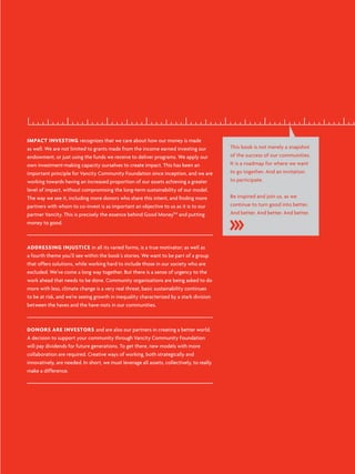 IMPACT INVESTING recognizes that we care about how our money is made
as well. We are not limited to grants made from the income earned investing our
endowment, or just using the funds we receive to deliver programs. We apply our
own investment-making capacity ourselves to create impact. This has been an
important principle for Vancity Community Foundation since inception, and we are
working towards having an increased proportion of our assets achieving a greater
level of impact, without compromising the long-term sustainability of our model.
The way we see it, including more donors who share this intent, and finding more
partners with whom to co-invest is as important an objective to us as it is to our
partner Vancity. This is precisely the essence behind Good MoneyTM
and putting
money to good.
ADDRESSING INJUSTICE in all its varied forms, is a true motivator; as well as
a fourth theme you’ll see within the book’s stories. We want to be part of a group
that offers solutions, while working hard to include those in our society who are
excluded. We’ve come a long way together. But there is a sense of urgency to the
work ahead that needs to be done. Community organizations are being asked to do
more with less, climate change is a very real threat, basic sustainability continues
to be at risk, and we’re seeing growth in inequality characterized by a stark division
between the haves and the have-nots in our communities.
DONORS ARE INVESTORS and are also our partners in creating a better world.
A decision to support your community through Vancity Community Foundation
will pay dividends for future generations. To get there, new models with more
collaboration are required. Creative ways of working, both strategically and
innovatively, are needed. In short, we must leverage all assets, collectively, to really
make a difference.
This book is not merely a snapshot
of the success of our communities.
It is a roadmap for where we want
to go together. And an invitation
to participate.
Be inspired and join us, as we
continue to turn good into better.
And better. And better. And better.
 