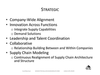 STRATEGIC
• Company-Wide Alignment
• Innovation Across Functions
o Integrate Supply Capabilities
o Demand Solutions
• Leadership and Talent Coordination
• Collaborative
o Relationship Building Between and Within Companies
• Supply Chain Modeling
o Continuous Realignment of Supply Chain Architecture
and Structure
VCG
Confidential WWW.THEVALUECHAINGROUP.COM (202) 670-8509
 
