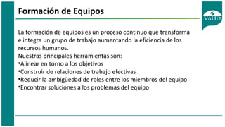 La formación de equipos es un proceso continuo que transforma
e integra un grupo de trabajo aumentando la eficiencia de los
recursos humanos.
Nuestras principales herramientas son:
•Alinear en torno a los objetivos
•Construir de relaciones de trabajo efectivas
•Reducir la ambigüedad de roles entre los miembros del equipo
•Encontrar soluciones a los problemas del equipo
Formación de Equipos
 