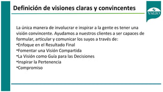 Definición de visiones claras y convincentes
La única manera de involucrar e inspirar a la gente es tener una
visión convincente. Ayudamos a nuestros clientes a ser capaces de
formular, articular y comunicar los suyos a través de:
•Enfoque en el Resultado Final
•Fomentar una Visión Compartida
•La Visión como Guía para las Decisiones
•Inspirar la Pertenencia
•Compromiso
 