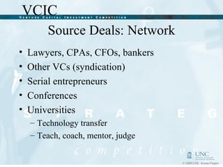 Source Deals: Network Lawyers, CPAs, CFOs, bankers Other VCs (syndication) Serial entrepreneurs Conferences Universities  Technology transfer Teach, coach, mentor, judge 
