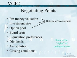 Negotiating Points Pre-money valuation Investment size Option pool Board seats Liquidation preferences Dividends Anti-dilution Closing conditions Determine % ownership Some of the  “rights” of  preferred shares 
