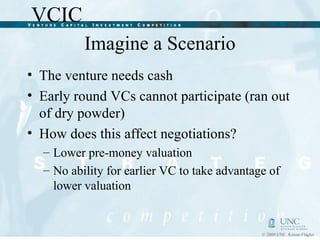 Imagine a Scenario The venture needs   cash Early round VCs cannot participate (ran out of dry powder) How does this affect negotiations? Lower pre-money valuation No ability for earlier VC to take advantage of lower valuation  