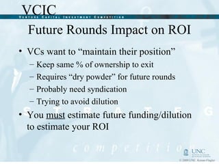 Future Rounds Impact on ROI VCs want to “maintain their position” Keep same % of ownership to exit Requires “dry powder” for future rounds Probably need syndication  Trying to avoid dilution You  must  estimate future funding/dilution to estimate your ROI 