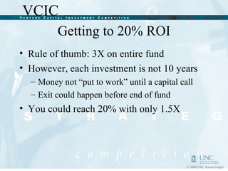 Getting to 20% ROI Rule of thumb: 3X on entire fund However, each investment is not 10 years Money not “put to work” until a capital call Exit could happen before end of fund You could reach 20% with only 1.5X 