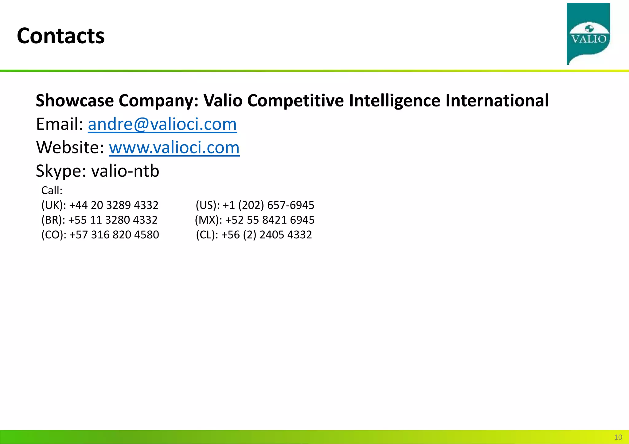 Showcase Company: Valio Competitive Intelligence International
Email: andre@valioci.com
Website: www.valioci.com
Skype: valio-ntb
Call:
(UK): +44 20 3289 4332 (US): +1 (202) 657-6945
(BR): +55 11 3280 4332 (MX): +52 55 8421 6945
(CO): +57 316 820 4580 (CL): +56 (2) 2405 4332
Contacts
10
 