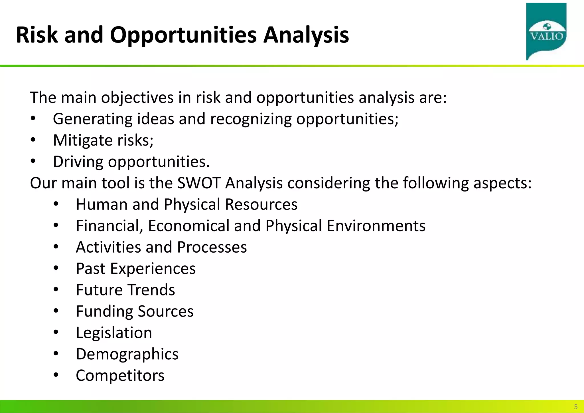 Risk and Opportunities Analysis
5
The main objectives in risk and opportunities analysis are:
• Generating ideas and recognizing opportunities;
• Mitigate risks;
• Driving opportunities.
Our main tool is the SWOT Analysis considering the following aspects:
• Human and Physical Resources
• Financial, Economical and Physical Environments
• Activities and Processes
• Past Experiences
• Future Trends
• Funding Sources
• Legislation
• Demographics
• Competitors
 