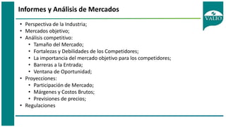 Informes y Análisis de Mercados
• Perspectiva de la Industria;
• Mercados objetivo;
• Análisis competitivo:
• Tamaño del Mercado;
• Fortalezas y Debilidades de los Competidores;
• La importancia del mercado objetivo para los competidores;
• Barreras a la Entrada;
• Ventana de Oportunidad;
• Proyecciones:
• Participación de Mercado;
• Márgenes y Costos Brutos;
• Previsiones de precios;
• Regulaciones
 