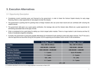 14
5. Execution Alternatives
5.1 Opportunity Description
 Considering current incentives given and financed by the government, in order to foster the Venture Capital industry for early stage
financing, there’s a clear opportunity for new players to enter the industry
 The government is pushing hard for granting lines to foreign investors who can prove track record and can contribute with nurturing the
network abroad
 The government debt given as a quasi equity contribution, the leverage ratio and the interest rates offered are a great opportunity for
diminishing associated risks to this type of funds
 Chile is considered to be a good place for setting up a Hub to target LatAm markets. There is a huge market in Latin America and few VC
funds or Accelerator programs competing
 Currently, the government is giving two possible alternatives for Investment Funds wanting to enter early stage ventures: The FT line and a
new line approved and launched during the first quarter of 2015 supporting the foundation and/or arrival of new accelerators
Early Stage - FT Line Early Stage – New Line*
Fund Size Max. US$ 40 millions Max. US$ 16 millions
Ticket US$ 300.000 – 5.000.000 US$ 20.000 – 500.000
Premoney Valuation US$ 3.000.000 – 25.000.000 US$ 250.000 – 2.000.000
Time Since Conception 1 – 3 years Up to 18 months
Breakeven Milestone 1 – 3 years 2 – 4 years
Targeted Ownership (%) 10% - 25% 7% - 25%
Expected Exit 2 – 7 years 3 – 7 years
Targeted Return on Investment x10 – x30
(*): Conditions described for this new line can change expected to be launched on March 2015
 