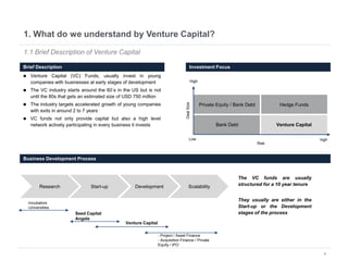 4
-Incubators
-Universities
1. What do we understand by Venture Capital?
1.1 Brief Description of Venture Capital
 Venture Capital (VC) Funds, usually invest in young
companies with businesses at early stages of development
 The VC industry starts around the 60´s in the US but is not
until the 80s that gets an estimated size of USD 750 million
 The industry targets accelerated growth of young companies
with exits in around 2 to 7 years
 VC funds not only provide capital but also a high level
network actively participating in every business it invests
Business Development Process
Brief Description Investment Focus
Private Equity / Bank Debt Hedge Funds
Bank Debt Venture Capital
High
highLow
DealSize
Risk
Research Start-up Development Scalability
Venture Capital
- Project / Asset Finance
- Acquisition Finance / Private
Equity / IPO
The VC funds are usually
structured for a 10 year tenure
They usually are either in the
Start-up or the Development
stages of the processSeed Capital
Angels
 