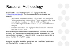 Research Methodology
Examined the social media presence and engagement of the
2013 Forbes Midas List of 100 top venture capitalists on Twitter and
LinkedIn:
•  Zeno Group created a proprietary tool to collect and analyze the
Twitter users that are followed by the Forbes Midas List VCs; data
was collected from June 24 – July 1, 2013; one Midas List
member has a private Twitter account, so was excluded from this
analysis
•  LinkedIn connections and engagement statistics were collected
from July 10 – 11, 2013
Enlisted third-party research firm Edelman Berland to conduct an online
survey of U.S. venture capitalists identified by Dow Jones VentureSource;
survey fielded from June 19 – July 12, 2013; the margin of error is plus or
minus 15.8% in 95 out of 100 cases.
Analyzed mid-point, or median, statistics to limit the affect of outliers with
significantly higher engagement trends.
 