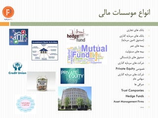 ‫مالی‬ ‫موسسات‬ ‫انواع‬
‫تجاری‬ ‫های‬ ‫بانک‬
‫گذاری‬ ‫سرمایه‬ ‫های‬ ‫بانک‬
(‫سرمایه‬ ‫تامین‬ ‫صندوق‬)
‫عمر‬ ‫های‬ ‫بیمه‬
‫مسئولیت‬ ‫های‬ ‫بیمه‬
‫بازنشستگی‬ ‫های‬ ‫صندوق‬
‫های‬ ‫شرکت‬‫سرمایه‬‫گذاری‬
‫خصوصی‬Private Equity
‫گذاری‬ ‫سرمایه‬ ‫های‬ ‫شرکت‬
‫عام‬ ‫سهامی‬
‫ها‬ ‫صرافی‬
Trust Companies
Hedge Funds
Asset Management Firms
…
 
