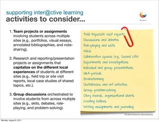 supporting inter@ctive learning
     activities to consider...
         1. Team projects or assignments
                                                      Field trips/site visit reports
            involving students across multiple
            sites (e.g., portfolios, visual essays,   Discussions and debates
            annotated bibliographies, and note-       Role-playing and skits
            sharing).                                 Wikis
                                                      Collaborative spaces (e.g., Second Life)
         2. Research and reporting/presentation
            projects or assignments that              Experiments and investigations
            capitalize on the different local         Individual and group presentations
            experiences of students at different      Q&A periods
            sites (e.g., ﬁeld trip or site visit
                                                      Brainstorming
            reports, local case studies of shared
            topics, etc.).                            Sketchbooks and art activities
                                                      Group problem-solving
         3. Group discussions orchestrated to         Story boards, organizational charts
            involve students from across multiple
                                                      Creating Outlines
            sites (e.g., skits, debates, role-
            playing, and problem-solving).            Writing assignments and journaling

                                                                                   NYU Best Practices for Videoconferencing


Monday, August 8, 2011
 