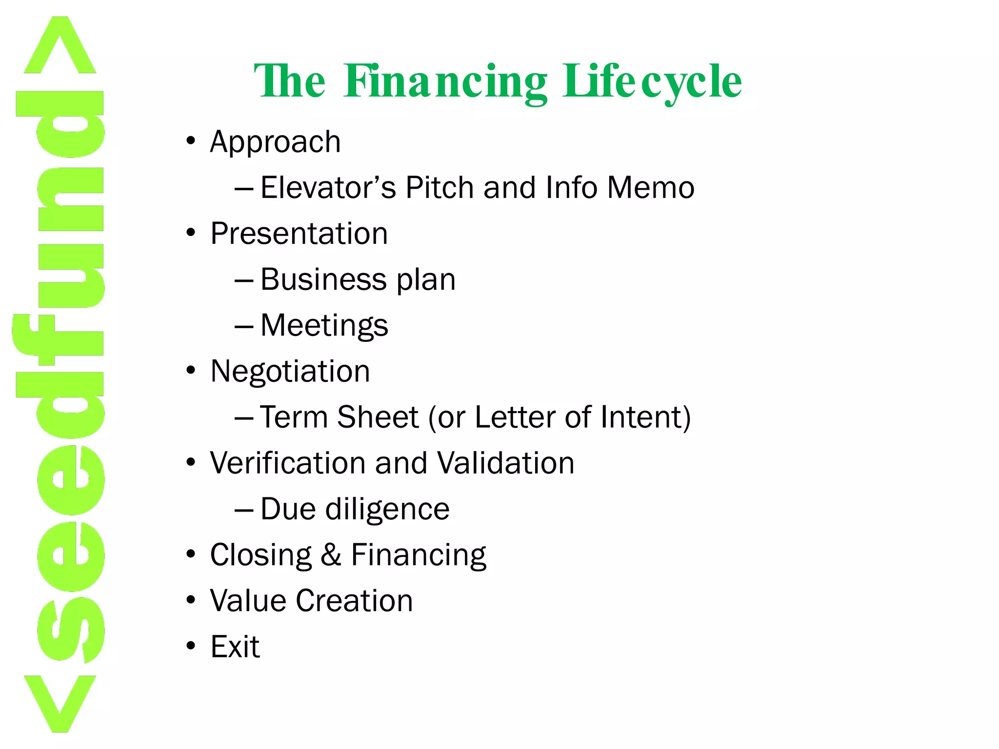 The Financing Lifecycle Approach Elevator’s Pitch and Info Memo Presentation Business plan Meetings Negotiation  Term Sheet (or Letter of Intent) Verification and Validation Due diligence Closing & Financing Value Creation Exit 