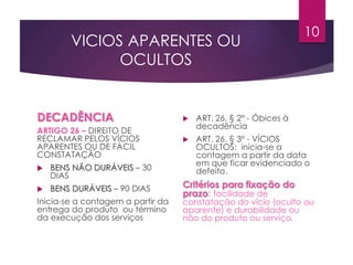 VICIOS APARENTES OU
OCULTOS
DECADÊNCIA
ARTIGO 26 – DIREITO DE
RECLAMAR PELOS VÍCIOS
APARENTES OU DE FÁCIL
CONSTATAÇÃO
 BENS NÃO DURÁVEIS – 30
DIAS
 BENS DURÁVEIS – 90 DIAS
Inicia-se a contagem a partir da
entrega do produto ou término
da execução dos serviços
 ART. 26, § 2º - Óbices à
decadência
 ART. 26, § 3º - VÍCIOS
OCULTOS: inicia-se a
contagem a partir da data
em que ficar evidenciado o
defeito.
Critérios para fixação do
prazo: facilidade de
constatação do vício (oculto ou
aparente) e durabilidade ou
não do produto ou serviço.
10
 