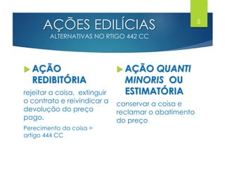 AÇÕES EDILÍCIAS
ALTERNATIVAS NO RTIGO 442 CC
 AÇÃO
REDIBITÓRIA
rejeitar a coisa, extinguir
o contrato e reivindicar a
devolução do preço
pago.
Perecimento da coisa =
artigo 444 CC
 AÇÃO QUANTI
MINORIS OU
ESTIMATÓRIA
conservar a coisa e
reclamar o abatimento
do preço
5
 