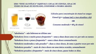 UMA “DOSE ALCOÓLICA” EQUIVALE A 285 mL DE CERVEJA, 120 mL DE
VINHO OU 30 mL DE DESTILADO, CONFORME A FIGURA ABAIXO.
“abstêmios” - não beberam no último ano
“bebedores leves e muito pouco frequentes” - uma a duas doses uma vez por mês ou menos
“bebedores leves e pouco frequentes” - uma a duas doses semanalmente
“bebedores moderados e não pesados” - duas a cinco doses, de uma a quatro vezes por mês
“bebedores pesados” - mais de cinco doses em uma única ocasião, semanalmente
“bebedores pesados e frequentes” - mais de cinco doses, quase todos os dias.
Cálculos para concentração de etanol no sangue
Etanol (g) = volume (mL) x teor alcoólico x 0,8
100
Consumo moderado = 40 g de etanol
 