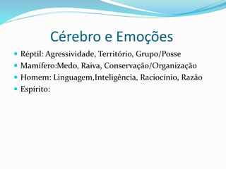 Cérebro e Emoções
 Réptil: Agressividade, Território, Grupo/Posse
 Mamífero:Medo, Raiva, Conservação/Organização
 Homem: Linguagem,Inteligência, Raciocínio, Razão
 Espírito:
 