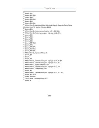  
	
  
132	
  
	
  
	
  
Vícios Secretos	
  
	
  
	
   	
  
	
  	
  	
  	
  	
  	
  	
  	
  	
  	
  	
  	
  	
  	
  	
  	
  	
  	
  	
  	
  	
  	
  	
  	
  	
  	
  	
  	
  	
  	
  	
  	
  	
  	
  	
  	
  	
  	
  	
  	
  	
  	
  	
  	
  	
  	
  	
  	
  	
  	
  	
  	
  	
  	
  	
  	
  	
  	
  	
  	
  	
  	
  	
  	
  	
  	
  	
  	
  	
  	
  	
  	
  	
  	
  	
  	
  	
  	
  	
  	
  	
  	
  	
  	
  	
  	
  	
  	
  	
  	
  	
  	
  	
  	
  	
  	
  	
  	
  	
  	
  	
  	
  	
  	
  	
  	
  	
  	
  	
  	
  	
  	
  	
  	
  	
  	
  	
  	
  	
  	
  	
  	
  	
  	
  	
  	
  	
  	
  	
  	
  	
  	
  	
  	
  	
  	
  
37
	
  Ibidem,	
  257.	
  
38
	
  Ibidem,	
  257-­‐258.	
  
39
	
  Ibidem,	
  258.	
  
40
	
  Ibidem,	
  258-­‐259.	
  
41
	
  Ibidem,	
  259.	
  
42
	
  Ibidem,	
  259-­‐261.	
  
43
	
  White,	
  Ellen	
  G.,	
  Apelo	
  às	
  Mães,	
  Relativo	
  à	
  Grande	
  Causa	
  da	
  Ruína	
  Física,	
  
Mental	
  e	
  Moral	
  de	
  Muitas	
  Crianças,	
  24-­‐28.	
  
44
	
  Ibidem,	
  261.	
  
45
	
  White,	
  Ellen	
  G.,	
  Testemunhos	
  Seletos,	
  vol.	
  1,	
  262-­‐263.	
  
46
	
  White,	
  Ellen	
  G.,	
  Testemunhos	
  para	
  a	
  Igreja,	
  vol.	
  2,	
  391.	
  
47
	
  Ibidem,	
  392.	
  
48
	
  Ibidem,	
  402.	
  
49
	
  Ibidem,	
  403.	
  
50
	
  Ibidem,	
  409.	
  
51
	
  Ibidem,	
  409-­‐410.	
  
52
	
  Ibidem,	
  474.	
  
53
	
  Ibidem,	
  474-­‐475.	
  
54
	
  Ibidem,	
  468-­‐469.	
  
55
	
  Ibidem,	
  470-­‐471.	
  
56
	
  White,	
  Ellen	
  G.,	
  Apelo	
  às	
  Mães,	
  28.	
  
57
	
  Ibidem,	
  18.	
  
58
	
  Ibidem.	
  
59
	
  Ibidem,	
  23.	
  
60
	
  White,	
  Ellen	
  G.,	
  Testemunhos	
  para	
  a	
  Igreja,	
  vol.	
  4,	
  96-­‐97.	
  
61
	
  White,	
  Ellen	
  G.,	
  Testemunhos	
  para	
  a	
  Igreja,	
  vol.	
  2,	
  361.	
  
62
	
  White,	
  Ellen	
  G.,	
  Apelo	
  às	
  Mães,	
  9-­‐10.	
  
63
	
  White,	
  Ellen	
  G.,	
  Testemunhos	
  para	
  a	
  Igreja,	
  vol.	
  2,	
  410.	
  
64
	
  White,	
  Ellen	
  G.,	
  Temperança,	
  136.	
  
65
	
  Ibidem,	
  45.	
  
66
	
  White,	
  Ellen	
  G.,	
  Testemunhos	
  para	
  a	
  Igreja,	
  vol.	
  2,	
  481-­‐483.	
  
67
	
  Ibidem,	
  401,	
  406.	
  
68
	
  Ibidem,	
  558-­‐565.	
  
69
	
  Farrar,	
  Steve,	
  Finishing	
  Strong,	
  3-­‐5.	
  
70
	
  Ibidem,	
  6.	
  
 