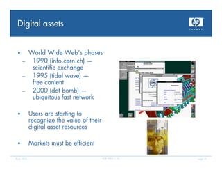 Digital assets


 •      World Wide Web’s phases
      –  1990 (info.cern.ch) —
         scientific exchange
      –  1995...