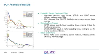 MHV’24
PDF Analysis of Results
8-11 Dec 2024 © Fraunhofer
Slide 12
● Probability Density Functions (PDFs)
○ Compared decoding time, bitrate, XPSNR, and VMAF across
different methods using PDFs.
○ PDFs illustrate how RQT-PF distributes performance across these
metrics.
● Decoding Time Analysis
○ QT-PF skews towards lower decoding times, making it ideal for
low-latency streaming.
○ DynResXPSNR results in higher decoding times, limiting its use for
energy-constrained devices.
● Bitrate Distributions
○ Bitrate PDFs show consistency across methods, indicating similar
efficiency in bitrate usage.
 