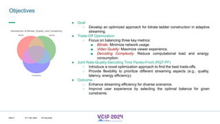 MHV’24
Objectives
8-11 Dec 2024 © Fraunhofer
Slide 4
● Goal
○ Develop an optimized approach for bitrate ladder construction in adaptive
streaming.
● Trade-Off Optimization
○ Focus on balancing three key metrics:
■ Bitrate: Minimize network usage.
■ Video Quality: Maximize viewer experience.
■ Decoding Complexity: Reduce computational load and energy
consumption.
● Joint Rate-Quality-Decoding Time Pareto-Front (RQT-PF)
○ Introduce a novel optimization approach to find the best trade-offs.
○ Provide flexibility to prioritize different streaming aspects (e.g., quality,
latency, energy efficiency).
● Outcome
○ Enhance streaming efficiency for diverse scenarios.
○ Improve user experience by selecting the optimal balance for given
constraints.
 