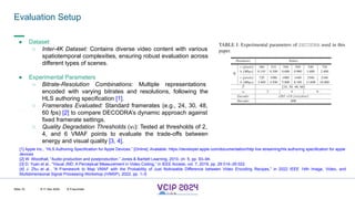 MHV’24
Evaluation Setup
8-11 Dec 2024 © Fraunhofer
Slide 10
● Dataset
○ Inter-4K Dataset: Contains diverse video content with various
spatiotemporal complexities, ensuring robust evaluation across
different types of scenes.
● Experimental Parameters
○ Bitrate-Resolution Combinations: Multiple representations
encoded with varying bitrates and resolutions, following the
HLS authoring specification [1].
○ Framerates Evaluated: Standard framerates (e.g., 24, 30, 48,
60 fps) [2] to compare DECODRA’s dynamic approach against
fixed framerate settings.
○ Quality Degradation Thresholds (vJ): Tested at thresholds of 2,
4, and 6 VMAF points to evaluate the trade-offs between
energy and visual quality [3, 4].
[1] Apple Inc., “HLS Authoring Specification for Apple Devices.” [Online]. Available: https://developer.apple.com/documentation/http live streaming/hls authoring specification for apple
devices
[2] W. Woodhall, “Audio production and postproduction.” Jones & Bartlett Learning, 2010, ch. 5, pp. 93–94.
[3] D. Yuan et al., “Visual JND: A Perceptual Measurement in Video Coding,” in IEEE Access, vol. 7, 2019, pp. 29 014–29 022.
[4] J. Zhu et al., “A Framework to Map VMAF with the Probability of Just Noticeable Difference between Video Encoding Recipes,” in 2022 IEEE 14th Image, Video, and
Multidimensional Signal Processing Workshop (IVMSP), 2022, pp. 1–5.
 