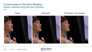 MHV’24
Fundamentals of Film Grain Modeling
08.12.2024 © Fraunhofer
Slide 35
Solution: statistical coding (film grain synthesis)
Original Compressed Compressed + grain synthesis
© Fraunhofer © Interdigital
 