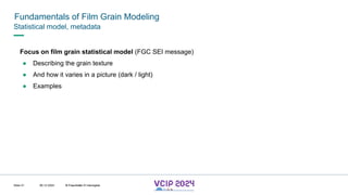MHV’24
Fundamentals of Film Grain Modeling
08.12.2024 © Fraunhofer
Slide 41
Statistical model, metadata
Focus on film grain statistical model (FGC SEI message)
● Describing the grain texture
● And how it varies in a picture (dark / light)
● Examples
© Fraunhofer © Interdigital
 