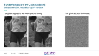 MHV’24
Fundamentals of Film Grain Modeling
08.12.2024 © Fraunhofer
Slide 47
Statistical model, metadata - grain variation
Sky grain applied to the whole picture: wrong True grain (source - denoised)
© Fraunhofer © Interdigital
 