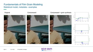 MHV’24
Fundamentals of Film Grain Modeling
08.12.2024 © Fraunhofer
Slide 51
Statistical model, metadata - examples
Original Compressed + grain synthesis
Compressed
© Fraunhofer © Interdigital
 