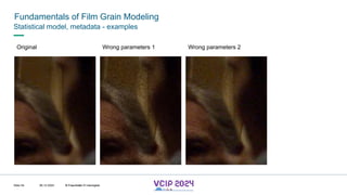 MHV’24
Fundamentals of Film Grain Modeling
08.12.2024 © Fraunhofer
Slide 54
Statistical model, metadata - examples
Original Wrong parameters 2
Wrong parameters 1
© Fraunhofer © Interdigital
 