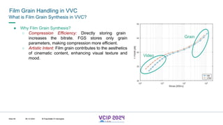 MHV’24
Film Grain Handling in VVC
08.12.2024 © Fraunhofer
Slide 65
What is Film Grain Synthesis in VVC?
● Why Film Grain Synthesis?
○ Compression Efficiency: Directly storing grain
increases the bitrate. FGS stores only grain
parameters, making compression more efficient.
○ Artistic Intent: Film grain contributes to the aesthetics
of cinematic content, enhancing visual texture and
mood.
Grain
Video
© Fraunhofer © Interdigital
 