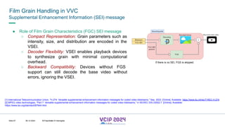 MHV’24
Film Grain Handling in VVC
08.12.2024 © Fraunhofer
Slide 67
Supplemental Enhancement Information (SEI) message
● Role of Film Grain Characteristics (FGC) SEI message
○ Compact Representation: Grain parameters such as
intensity, size, and distribution are encoded in the
VSEI.
○ Decoder Flexibility: VSEI enables playback devices
to synthesize grain with minimal computational
overhead.
○ Backward Compatibility: Devices without FGS
support can still decode the base video without
errors, ignoring the VSEI.
[1] International Telecommunication Union, "H.274: Versatile supplemental enhancement information messages for coded video bitstreams," Sep. 2023. [Online]. Available: https://www.itu.int/rec/T-REC-H.274
[2] MPEG video technologies, "Part 7: Versatile supplemental enhancement information messages for coded video bitstreams," in ISO/IEC DIS 23002-7. [Online]. Available:
https://www.iso.org/standard/87644.html
If there is no SEI, FGS is skipped.
© Fraunhofer © Interdigital
 