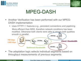 MPEG-DASH
 Another Verification has been performed with our MPEG-
  DASH implementation
       Uses HTTP/1.1 features e....