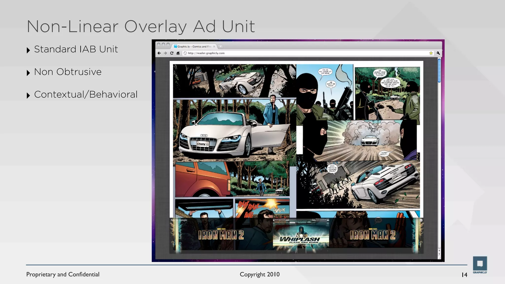 Non-Linear Overlay Ad Unit
‣ Standard IAB Unit
‣ Non Obtrusive
‣ Contextual/Behavioral




Proprietary and Conﬁdential   Copyright 2010   14
 