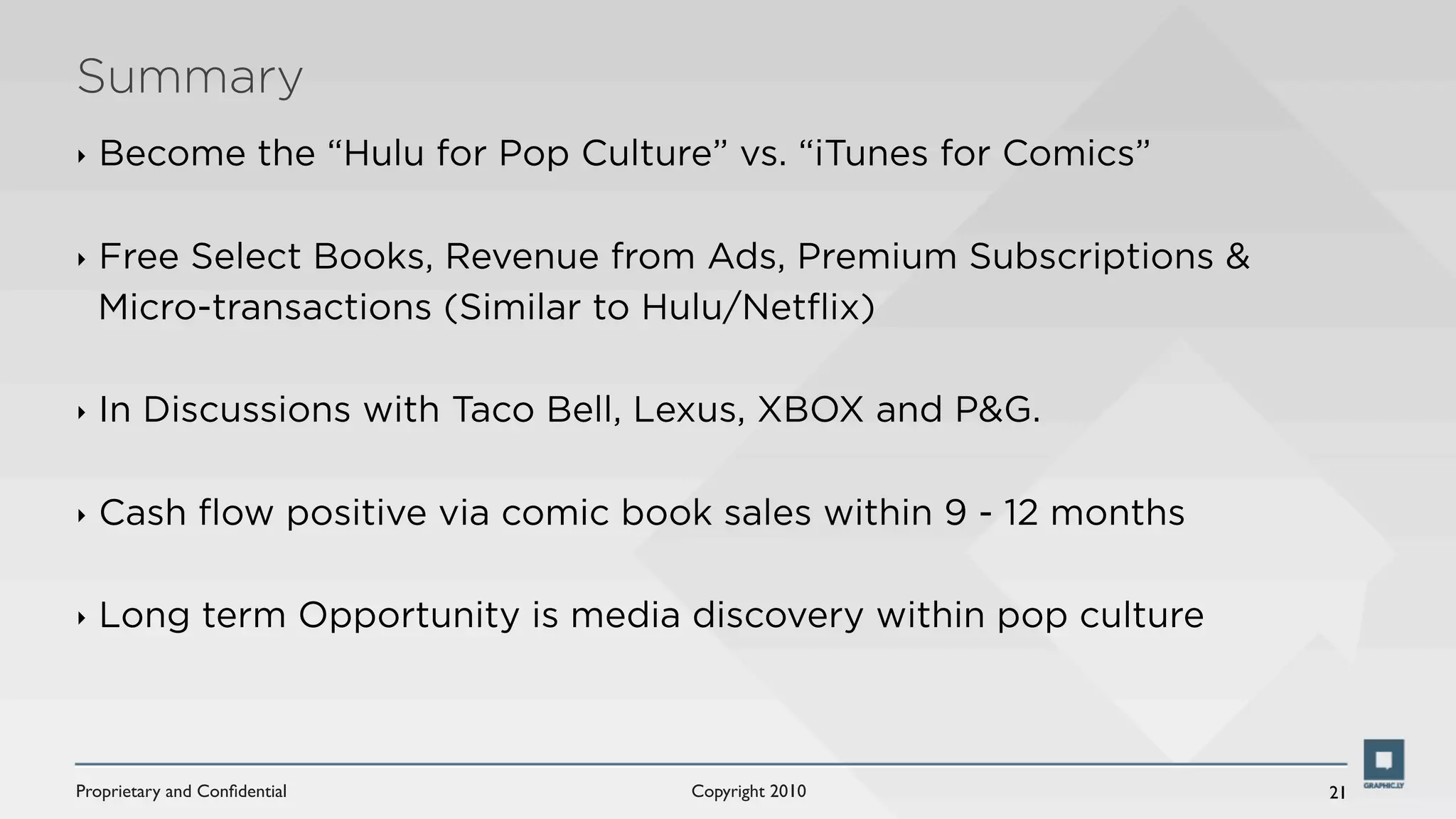 Summary
‣   Become the “Hulu for Pop Culture” vs. “iTunes for Comics”

‣   Free Select Books, Revenue from Ads, Premium Subscriptions &
    Micro-transactions (Similar to Hulu/Netﬂix)

‣   In Discussions with Taco Bell, Lexus, XBOX and P&G.

‣   Cash ﬂow positive via comic book sales within 9 - 12 months

‣   Long term Opportunity is media discovery within pop culture



Proprietary and Conﬁdential         Copyright 2010                 21
 