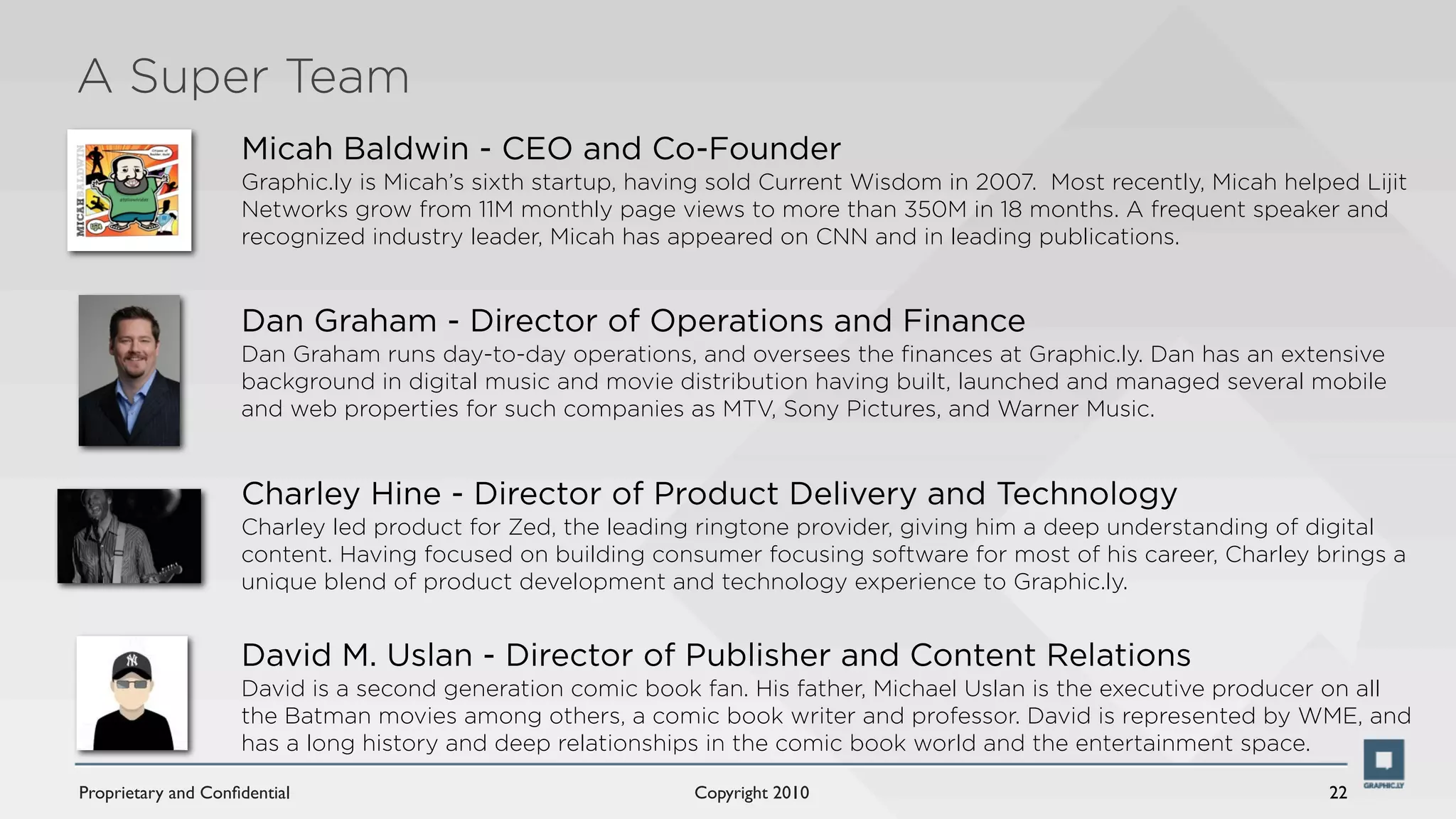 A Super Team
                    Micah Baldwin - CEO and Co-Founder
                    Graphic.ly is Micah’s sixth startup, having sold Current Wisdom in 2007. Most recently, Micah helped Lijit
                    Networks grow from 11M monthly page views to more than 350M in 18 months. A frequent speaker and
                    recognized industry leader, Micah has appeared on CNN and in leading publications.


                    Dan Graham - Director of Operations and Finance
                    Dan Graham runs day-to-day operations, and oversees the ﬁnances at Graphic.ly. Dan has an extensive
                    background in digital music and movie distribution having built, launched and managed several mobile
                    and web properties for such companies as MTV, Sony Pictures, and Warner Music.


                    Charley Hine - Director of Product Delivery and Technology
                    Charley led product for Zed, the leading ringtone provider, giving him a deep understanding of digital
                    content. Having focused on building consumer focusing software for most of his career, Charley brings a
                    unique blend of product development and technology experience to Graphic.ly.


                    David M. Uslan - Director of Publisher and Content Relations
                    David is a second generation comic book fan. His father, Michael Uslan is the executive producer on all
                    the Batman movies among others, a comic book writer and professor. David is represented by WME, and
                    has a long history and deep relationships in the comic book world and the entertainment space.

Proprietary and Conﬁdential                                  Copyright 2010                                           22
 