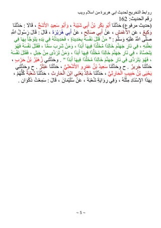 ~ 5 ~
‫ويب‬ ‫اسالم‬ ‫من‬ ‫هريرة‬ ‫ابي‬ ‫لحديث‬ ‫التخريج‬ ‫روابط‬
:‫الحديث‬ ‫رقم‬
162
‫َا‬‫ن‬َ‫ث‬َّ‫د‬َ‫ح‬ )‫مرفوع‬ ‫(حديث‬
َ‫ة‬َ‫ب‬ْ‫ي‬َ‫ش‬ ‫ي‬ِ‫ب‬َ‫أ‬ ُ‫ن‬ْ‫ب‬ ِ
‫ر‬ْ‫ك‬َ‫ب‬ ‫و‬ُ‫ب‬َ‫أ‬
،
ُّ‫ج‬َ‫ش‬َ‫األ‬ ٍ‫يد‬ِ‫ع‬َ‫س‬ ‫و‬ُ‫ب‬َ‫أ‬َ‫و‬
َ‫ح‬ : َ
‫اال‬َ‫ق‬ ،
‫َا‬‫ن‬َ‫ث‬َّ‫د‬
ٌ‫ع‬‫ي‬ِ‫ك‬َ‫و‬
ِ‫ن‬َ‫ع‬ ،
ِ
‫ش‬َ‫م‬ْ‫ع‬َ‫األ‬
ْ‫ن‬َ‫ع‬ ،
ٍ‫ح‬ِ‫ل‬‫ا‬َ‫ص‬ ‫ي‬ِ‫ب‬َ‫أ‬
ْ‫ن‬َ‫ع‬ ،
َ‫ة‬َ‫ر‬ْ‫ي‬َ‫ر‬ُ‫ه‬ ‫ي‬ِ‫ب‬َ‫أ‬
ِ َّ
‫اَّلل‬ ُ‫ل‬‫و‬ُ‫س‬َ‫ر‬ َ‫ل‬‫ا‬َ‫ق‬ : َ‫ل‬‫ا‬َ‫ق‬ ،
" : َ‫م‬َّ‫ل‬َ‫س‬َ‫و‬ ِ‫ه‬ْ‫ي‬َ‫ل‬َ‫ع‬ ُ َّ
‫اَّلل‬ ‫ى‬َّ‫ل‬َ‫ص‬
‫ي‬ِ‫ف‬ ‫ا‬َ‫ه‬ِ‫ب‬ ُ‫أ‬َّ‫ج‬َ‫و‬َ‫ت‬َ‫ي‬ ِ‫ه‬ِ‫د‬َ‫ي‬ ‫ي‬ِ‫ف‬ ُ‫ه‬ُ‫ت‬َ‫د‬‫ي‬ِ‫د‬َ‫ح‬َ‫ف‬ ، ٍ‫ة‬َ‫د‬‫ي‬ِ‫د‬َ‫ح‬ِ‫ب‬ ُ‫ه‬َ‫س‬ْ‫ف‬َ‫ن‬ َ‫ل‬َ‫ت‬َ‫ق‬ ْ‫ن‬َ‫م‬
ْ‫ف‬َ‫ن‬ َ‫ل‬َ‫ت‬َ‫ق‬َ‫ف‬ ، ‫ا‬ًّ‫م‬َ‫س‬ َ‫ب‬ ِ
‫َر‬‫ش‬ ْ‫ن‬َ‫م‬َ‫و‬ ، ‫ا‬ً‫د‬َ‫ب‬َ‫أ‬ ‫ا‬َ‫ه‬‫ي‬ِ‫ف‬ ‫ا‬ً‫د‬َّ‫َل‬‫خ‬ُ‫م‬ ‫ا‬ً‫د‬ِ‫ل‬‫َا‬‫خ‬ َ‫م‬َّ‫ن‬َ‫ه‬َ‫ج‬ ِ
‫َار‬‫ن‬ ‫ي‬ِ‫ف‬ ، ِ‫ه‬ِ‫ن‬ْ‫ط‬َ‫ب‬
َ‫و‬ُ‫ه‬َ‫ف‬ ُ‫ه‬َ‫س‬
ُ‫ه‬َ‫س‬ْ‫ف‬َ‫ن‬ َ‫ل‬َ‫ت‬َ‫ق‬َ‫ف‬ ، ٍ‫ل‬َ‫ب‬َ‫ج‬ ْ‫ن‬ِ‫م‬ ‫ى‬َّ‫د‬َ‫ر‬َ‫ت‬ ْ‫ن‬َ‫م‬َ‫و‬ ، ‫ا‬ً‫د‬َ‫ب‬َ‫أ‬ ‫ا‬َ‫ه‬‫ي‬ِ‫ف‬ ‫ا‬ً‫د‬َّ‫َل‬‫خ‬ُ‫م‬ ‫ا‬ً‫د‬ِ‫ل‬‫َا‬‫خ‬ َ‫م‬َّ‫ن‬َ‫ه‬َ‫ج‬ ِ
‫َار‬‫ن‬ ‫ي‬ِ‫ف‬ ، ُ‫ه‬‫ا‬َّ‫س‬َ‫ح‬َ‫ت‬َ‫ي‬
" ‫ا‬ً‫د‬َ‫ب‬َ‫أ‬ ‫ا‬َ‫ه‬‫ي‬ِ‫ف‬ ‫ا‬ً‫د‬َّ‫َل‬‫خ‬ُ‫م‬ ‫ا‬ً‫د‬ِ‫ل‬‫َا‬‫خ‬ َ‫م‬َّ‫ن‬َ‫ه‬َ‫ج‬ ِ
‫َار‬‫ن‬ ‫ي‬ِ‫ف‬ ‫ى‬َّ‫د‬َ‫ر‬َ‫ت‬َ‫ي‬ َ‫و‬ُ‫ه‬َ‫ف‬ ،
‫ي‬ِ‫ن‬َ‫ث‬َّ‫د‬َ‫ح‬‫و‬ .
ٍ‫ب‬ ْ‫ر‬َ‫ح‬ ُ‫ن‬ْ‫ب‬ ُ‫ر‬ْ‫ي‬َ‫ه‬ُ‫ز‬
،
‫َا‬‫ن‬َ‫ث‬َّ‫د‬َ‫ح‬
ٌ‫ير‬ ِ
‫ر‬َ‫ج‬
‫َا‬‫ن‬َ‫ث‬َّ‫د‬َ‫ح‬‫و‬ ‫ح‬ .
ُّ‫ي‬ِ‫ث‬َ‫ع‬ْ‫ش‬َ‫األ‬ ‫و‬ ٍ
‫ر‬ْ‫م‬َ‫ع‬ ُ‫ن‬ْ‫ب‬ ُ‫د‬‫ي‬ِ‫ع‬َ‫س‬
‫َا‬‫ن‬َ‫ث‬َّ‫د‬َ‫ح‬ ،
ٌ‫ر‬َ‫ث‬ْ‫ب‬َ‫ع‬
‫ي‬ِ‫ن‬َ‫ث‬َّ‫د‬َ‫ح‬‫و‬ ‫ح‬ .
ُّ‫ي‬ِ‫ث‬ ِ
‫ار‬َ‫ح‬ْ‫ال‬ ٍ‫ب‬‫ي‬ِ‫ب‬َ‫ح‬ ُ‫ن‬ْ‫ب‬ ‫ى‬َ‫ي‬ْ‫ح‬َ‫ي‬
‫َا‬‫ن‬َ‫ث‬َّ‫د‬َ‫ح‬ ،
‫ا‬َ‫ح‬ْ‫ال‬ َ‫ن‬ْ‫ب‬‫ا‬ ‫ي‬ِ‫ن‬ْ‫ع‬َ‫ي‬ ٌ‫د‬ِ‫ل‬‫َا‬‫خ‬
ِ‫ث‬ ِ
‫ر‬
‫َا‬‫ن‬َ‫ث‬َّ‫د‬َ‫ح‬ ،
ُ‫ة‬َ‫ب‬ْ‫ع‬ُ‫ش‬
، ْ‫م‬ُ‫ه‬ُّ‫ل‬ُ‫ك‬
. ‫ان‬َ‫و‬ْ‫ك‬َ‫ذ‬ ُ‫ت‬ْ‫ع‬ِ‫م‬َ‫س‬ : َ‫ل‬‫ا‬َ‫ق‬ ، َ‫ان‬َ‫م‬ْ‫ي‬َ‫ل‬ُ‫س‬ ْ‫ن‬َ‫ع‬ ، َ‫ة‬َ‫ب‬ْ‫ع‬ُ‫ش‬ ِ‫ة‬َ‫ي‬‫ا‬َ‫و‬ ِ
‫ر‬ ‫ي‬ِ‫ف‬َ‫و‬ ، ُ‫ه‬َ‫ل‬ْ‫ث‬ِ‫م‬ ِ‫َاد‬‫ن‬ْ‫س‬ِ‫اإل‬ ‫ا‬َ‫ذ‬َ‫ه‬ِ‫ب‬
 