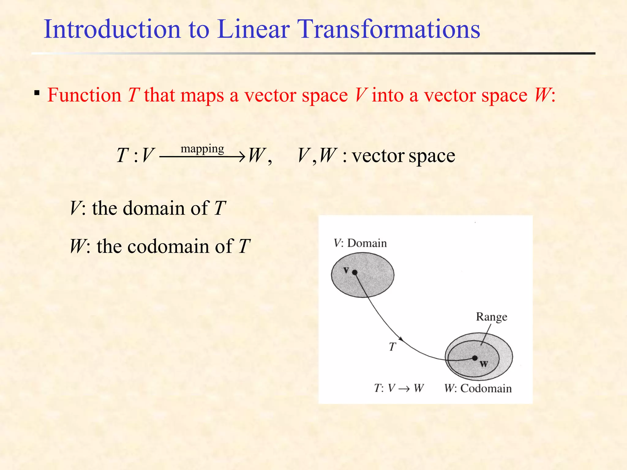 Introduction to Linear Transformations

Function T that maps a vector space V into a vector space W:
spacevector:,,: mapping
WVWVT  →
V: the domain of T
W: the codomain of T
 
