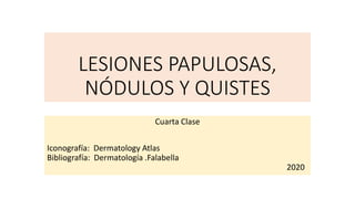 LESIONES PAPULOSAS,
NÓDULOS Y QUISTES
Cuarta Clase
Iconografía: Dermatology Atlas
Bibliografía: Dermatología .Falabella
2020
 
